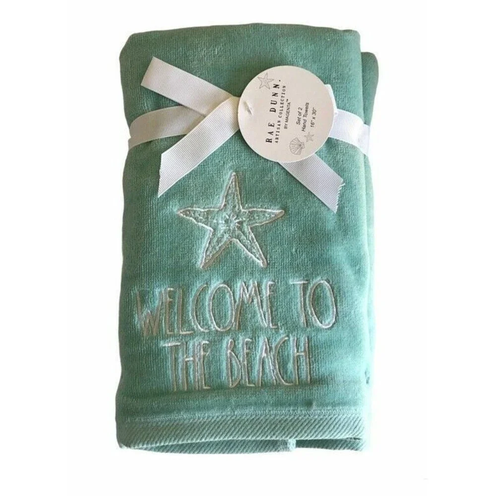 Rae Dunn Starfish Welcome to the Beach Hand Towels Set of 2 Summer Embroidered
